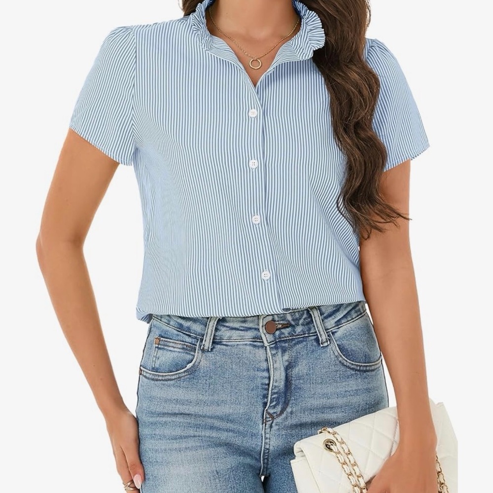 Women's Striped Button Down Shirts Summer Short Sleeve Tops Ruffle Collar